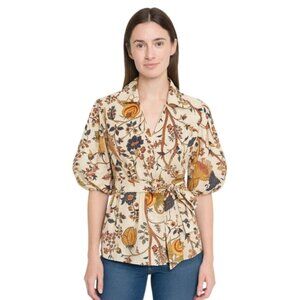Elie Tahari Floral Wrap Puff Sleeve Belted Blouse